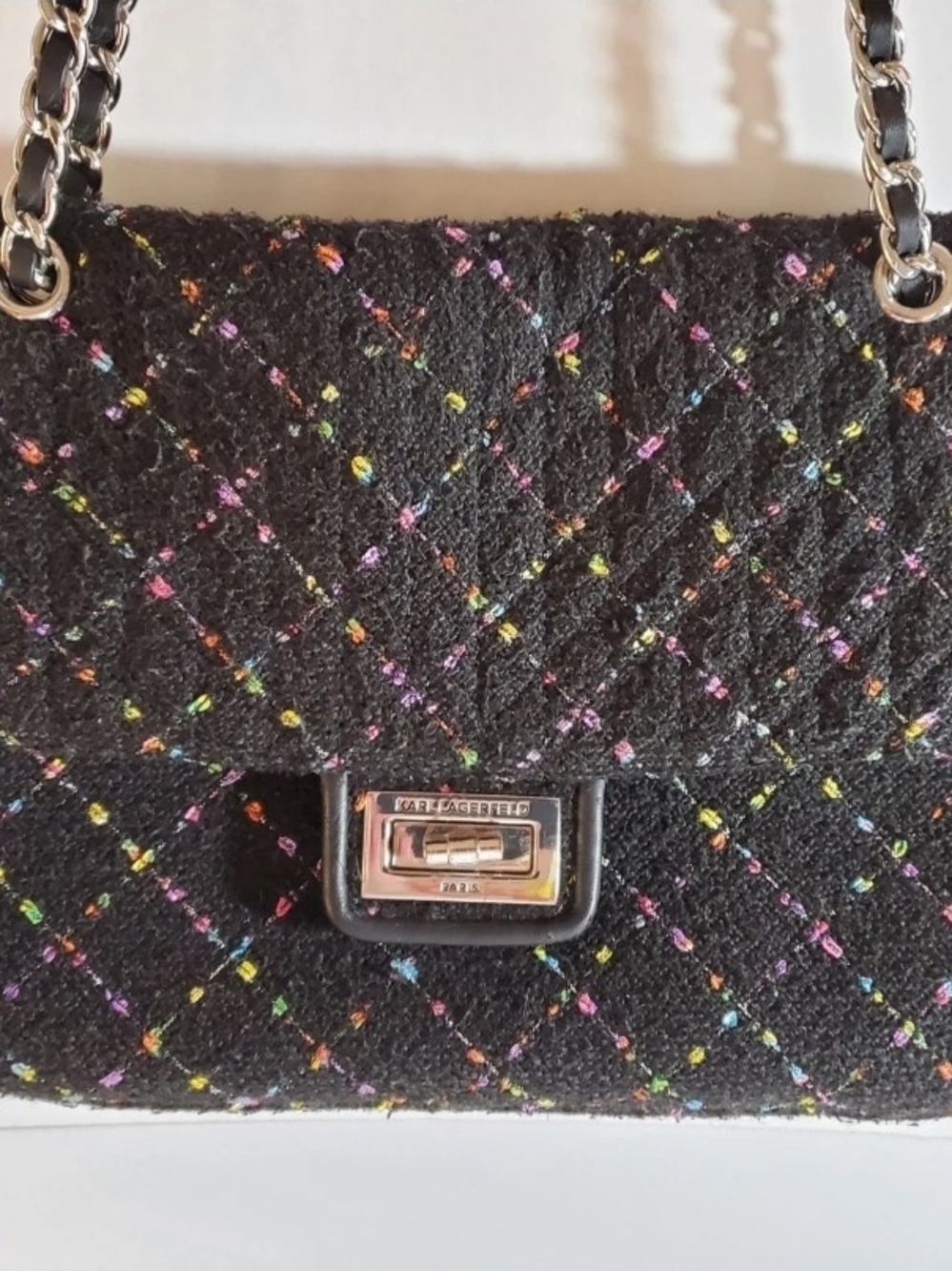 Karl Lagerfeld Black Tweed Shoulder Bag with Multicolor Speckle